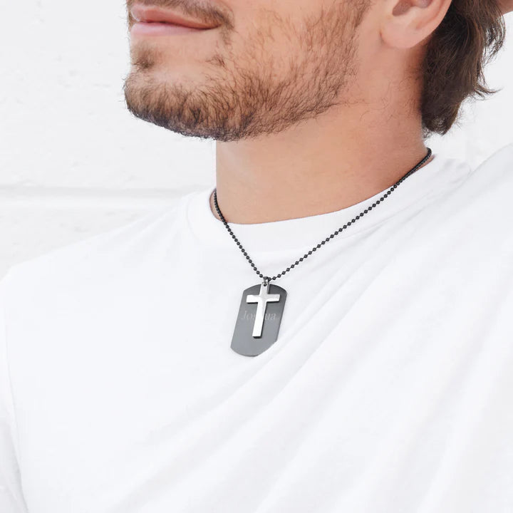 Stainless Steel Dog Tag with Black Cross Accent