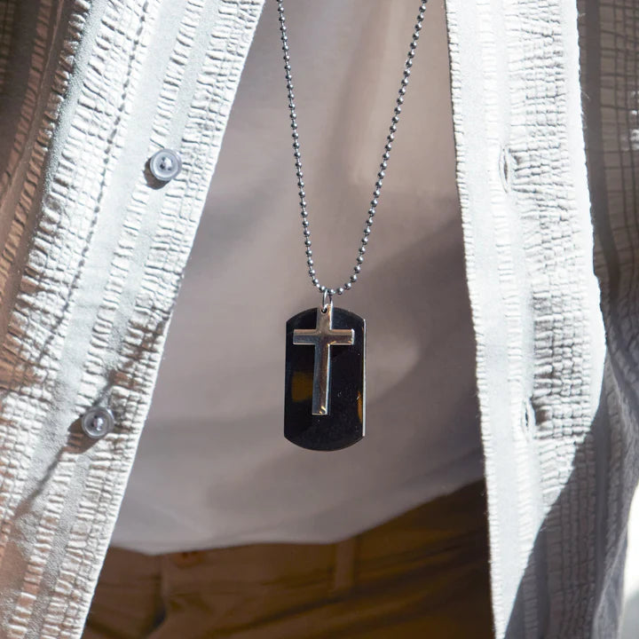 Stainless Steel Dog Tag with Black Cross Accent